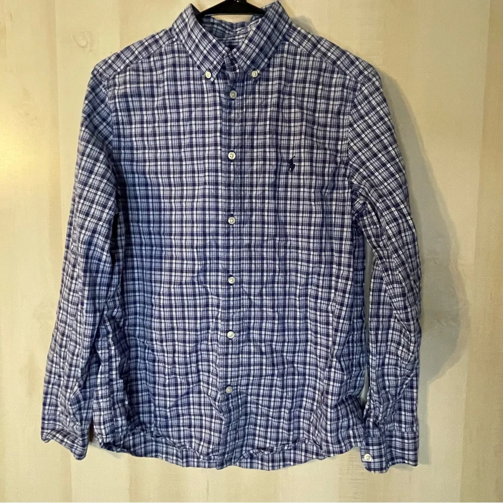 Ralph Lauren blue white plaid long sleeve button front shirt size XL Youth 18/20